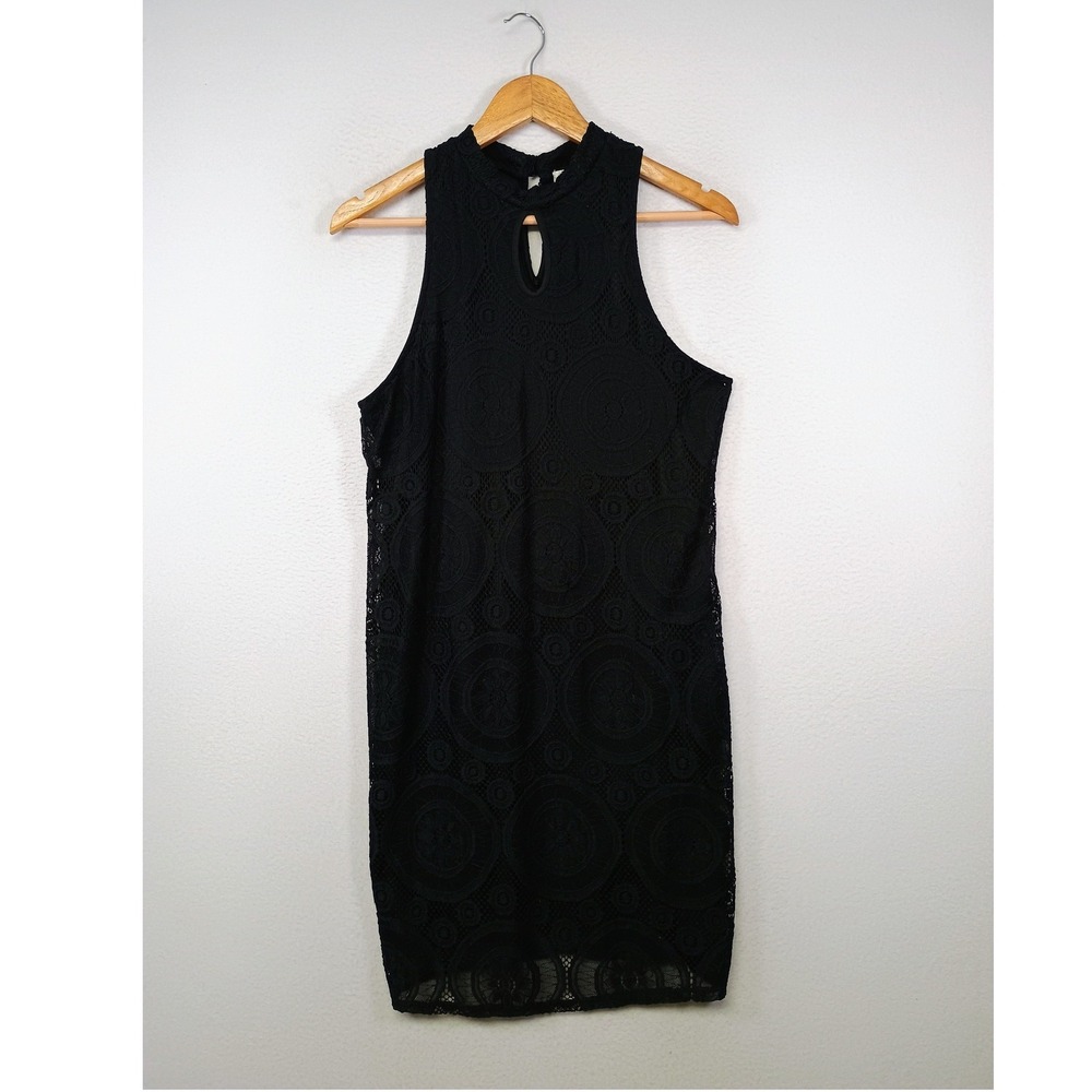Boho Chic Love Fire Womens LG Black Medallion Lace Mock Neck Keyhole Mini Dress